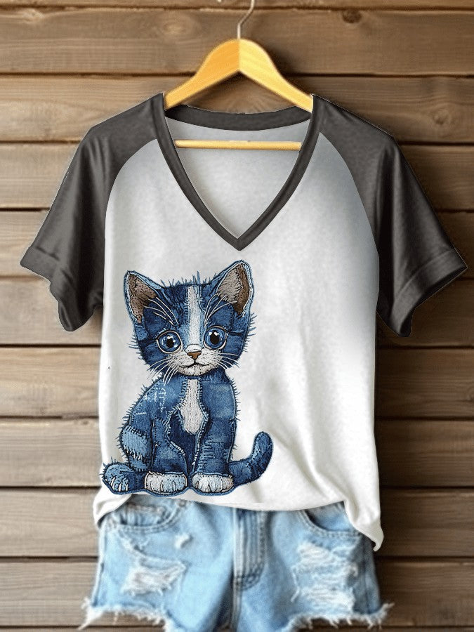 Women's Denim Cat Print V-neck T-shirt vetvanguards