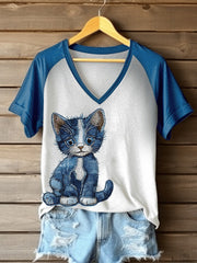 Women's Denim Cat Print V-neck T-shirt vetvanguards
