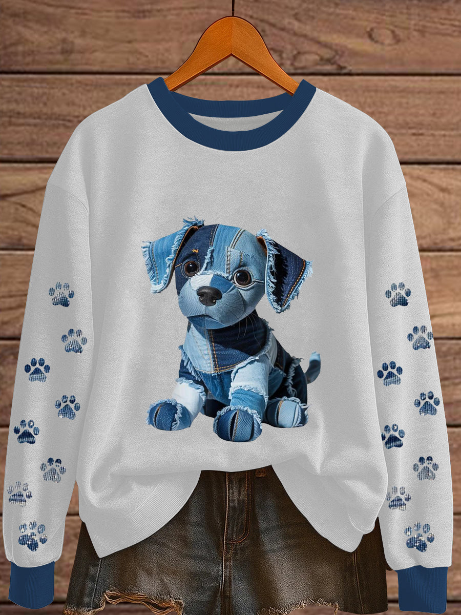 Women's Denim Patchwork Dog Print Sweatshirt vetvanguards