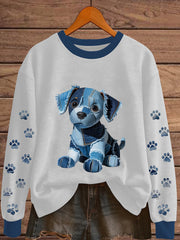 Women's Denim Patchwork Dog Print Sweatshirt vetvanguards