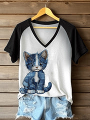 Women's Denim Cat Print V-neck T-shirt vetvanguards