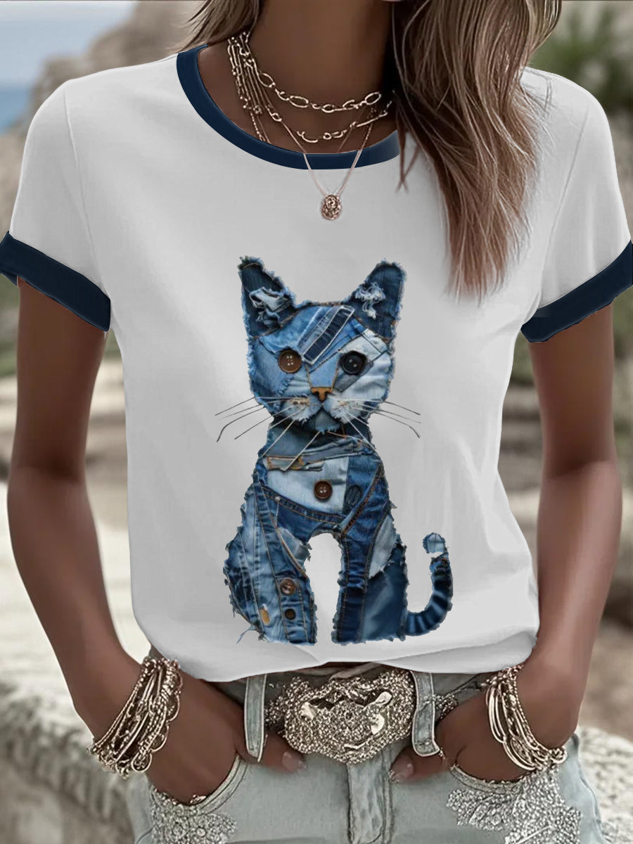 Women's Denim Patchwork Cat  Printed T-shirt vetvanguards
