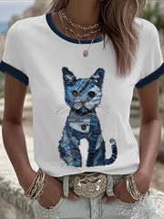 Women's Denim Patchwork Cat  Printed T-shirt vetvanguards