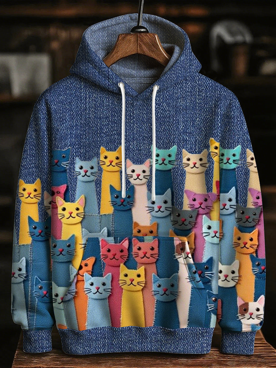 Men's Colorful Cats Oversized Drop-Shoulder Hoodie with Pockets vetvanguards