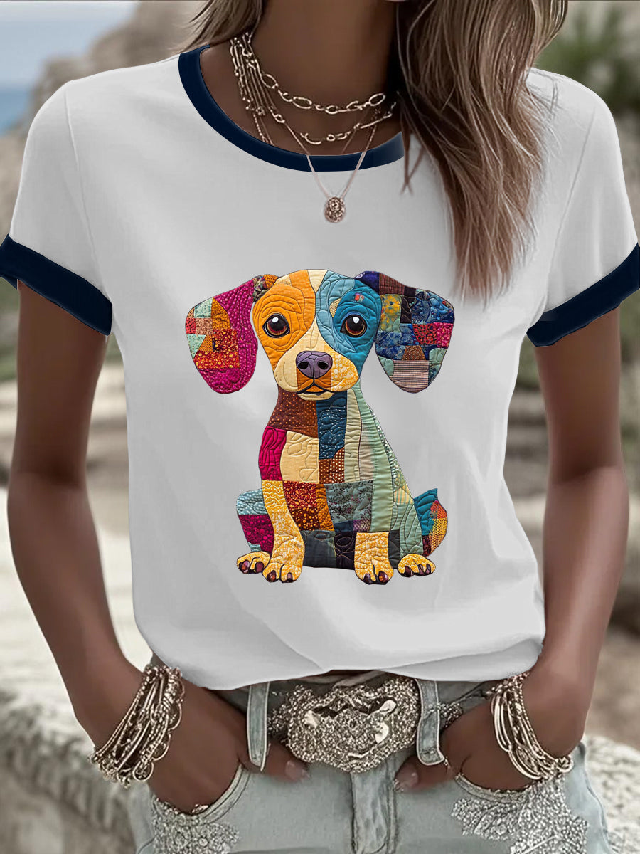 Women's Denim Patchwork Dog  Printed T-shirt vetvanguards