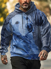 Men's Denim Patchwork Dog Print Hooded Sweatshirt vetvanguards