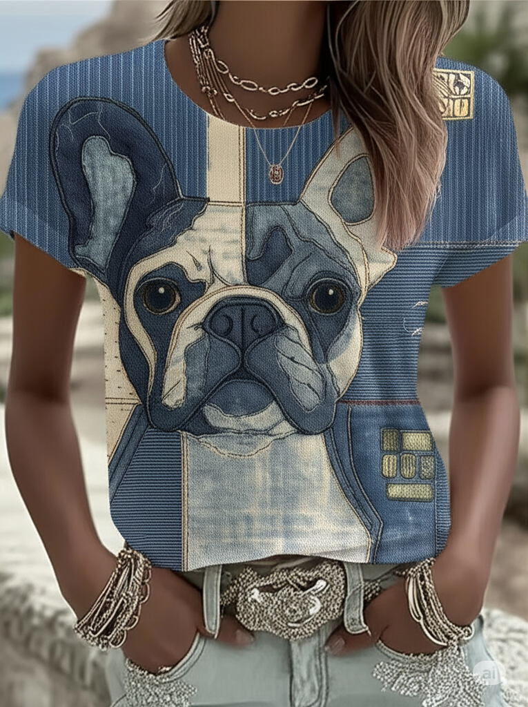 Women's Denim Patchwork Dog Printed T-shirt vetvanguards