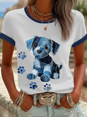 Women's Denim Patchwork Dog  Printed T-shirt vetvanguards