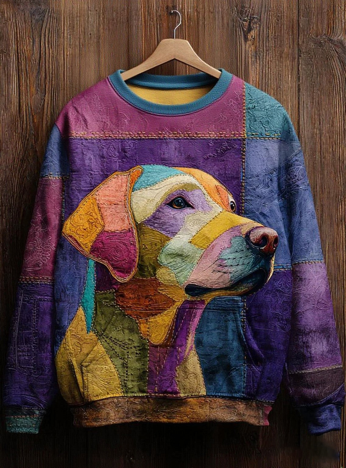 Women's Vintage Patchwork Dog Art Print Casual Sweatshirt vetvanguards