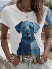 Women's Denim Dog Printed T-shirt vetvanguards