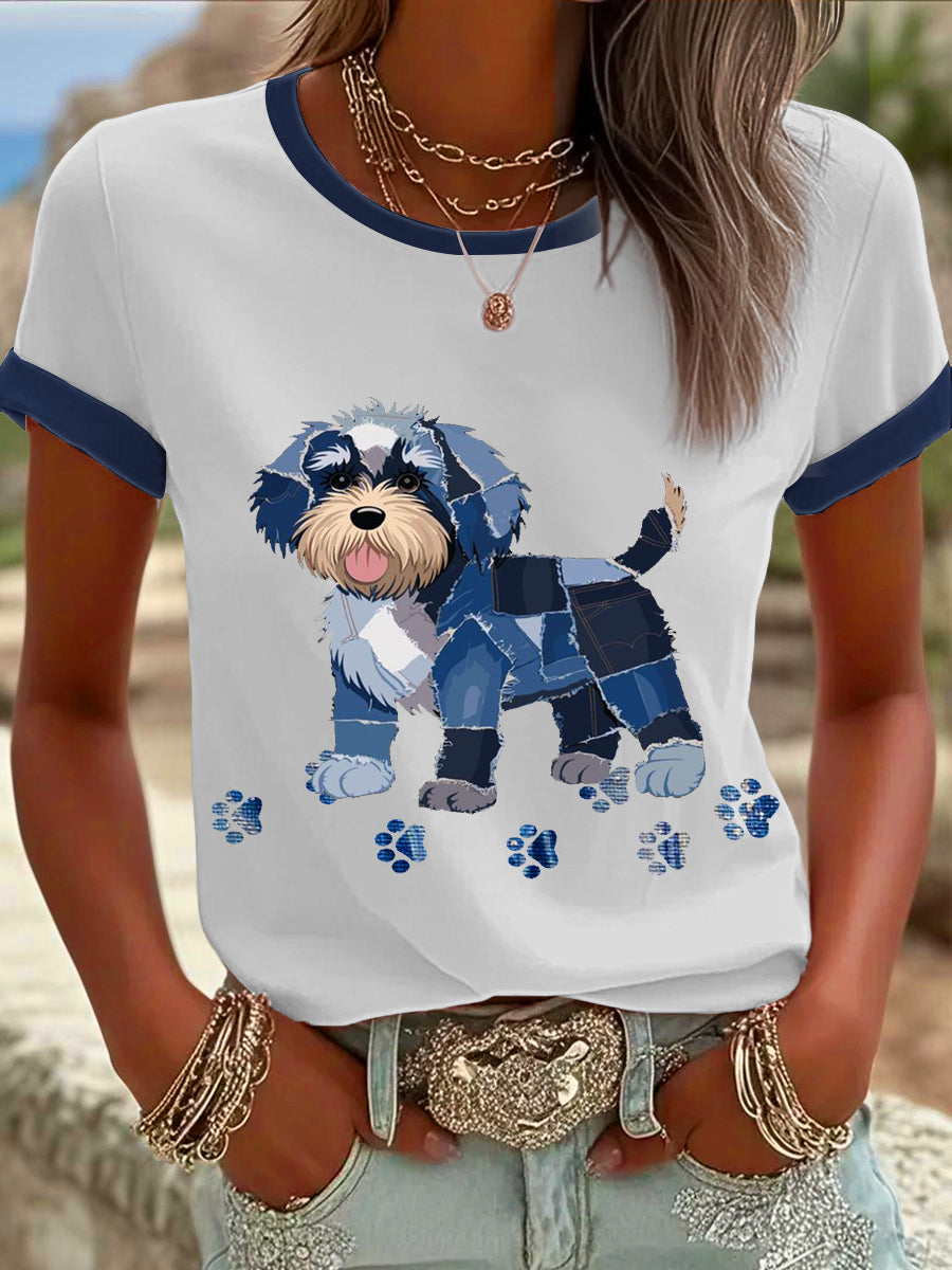 Women's Denim Patchwork Dog  Printed T-shirt vetvanguards