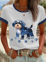 Women's Denim Patchwork Dog  Printed T-shirt vetvanguards