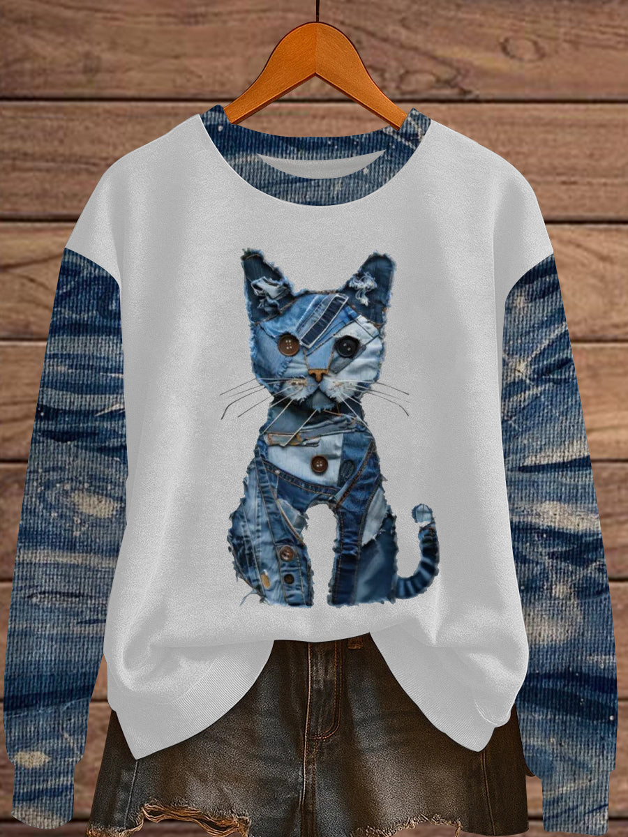Women's Denim Patchwork Cat Print Sweatshirt vetvanguards