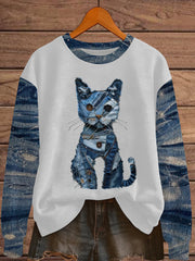 Women's Denim Patchwork Cat Print Sweatshirt vetvanguards