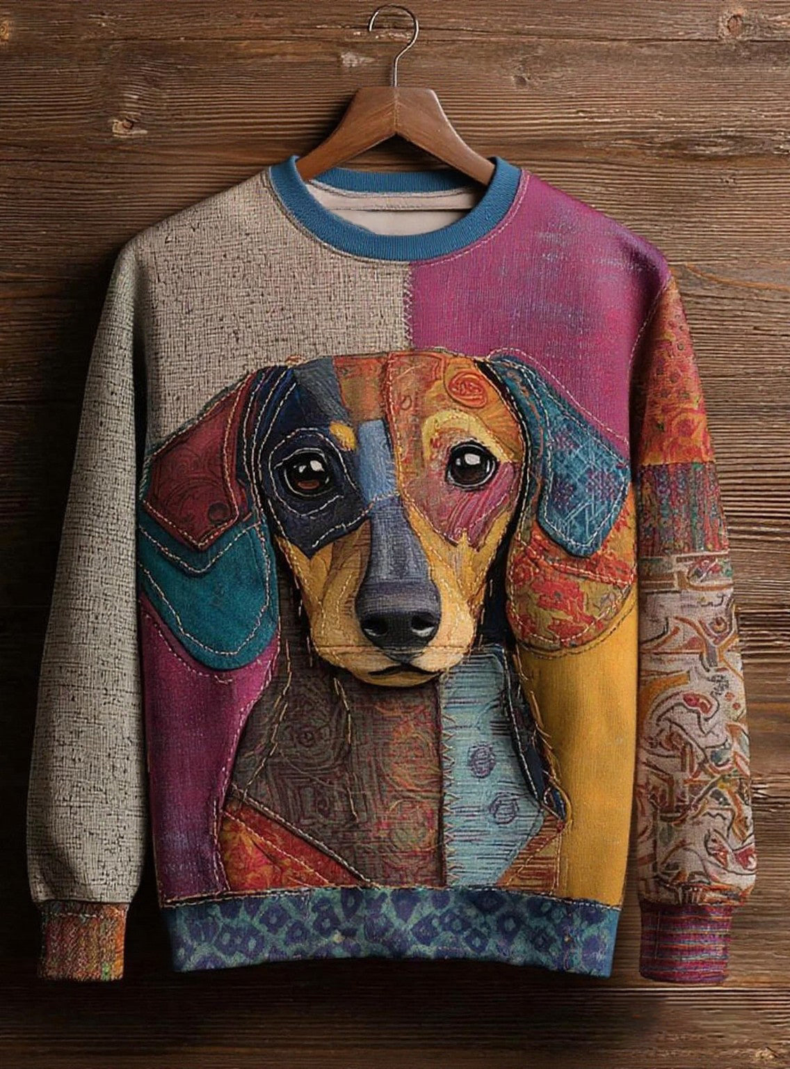 Women's Vintage Patchwork Dog Art Print Casual Sweatshirt vetvanguards