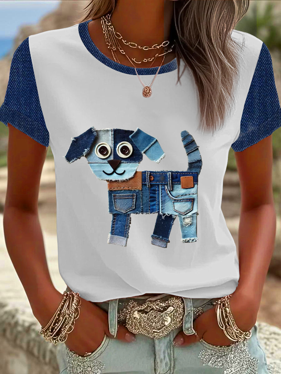Women's Denim Patchwork Dog  Printed T-shirt vetvanguards
