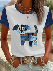 Women's Denim Patchwork Dog  Printed T-shirt vetvanguards