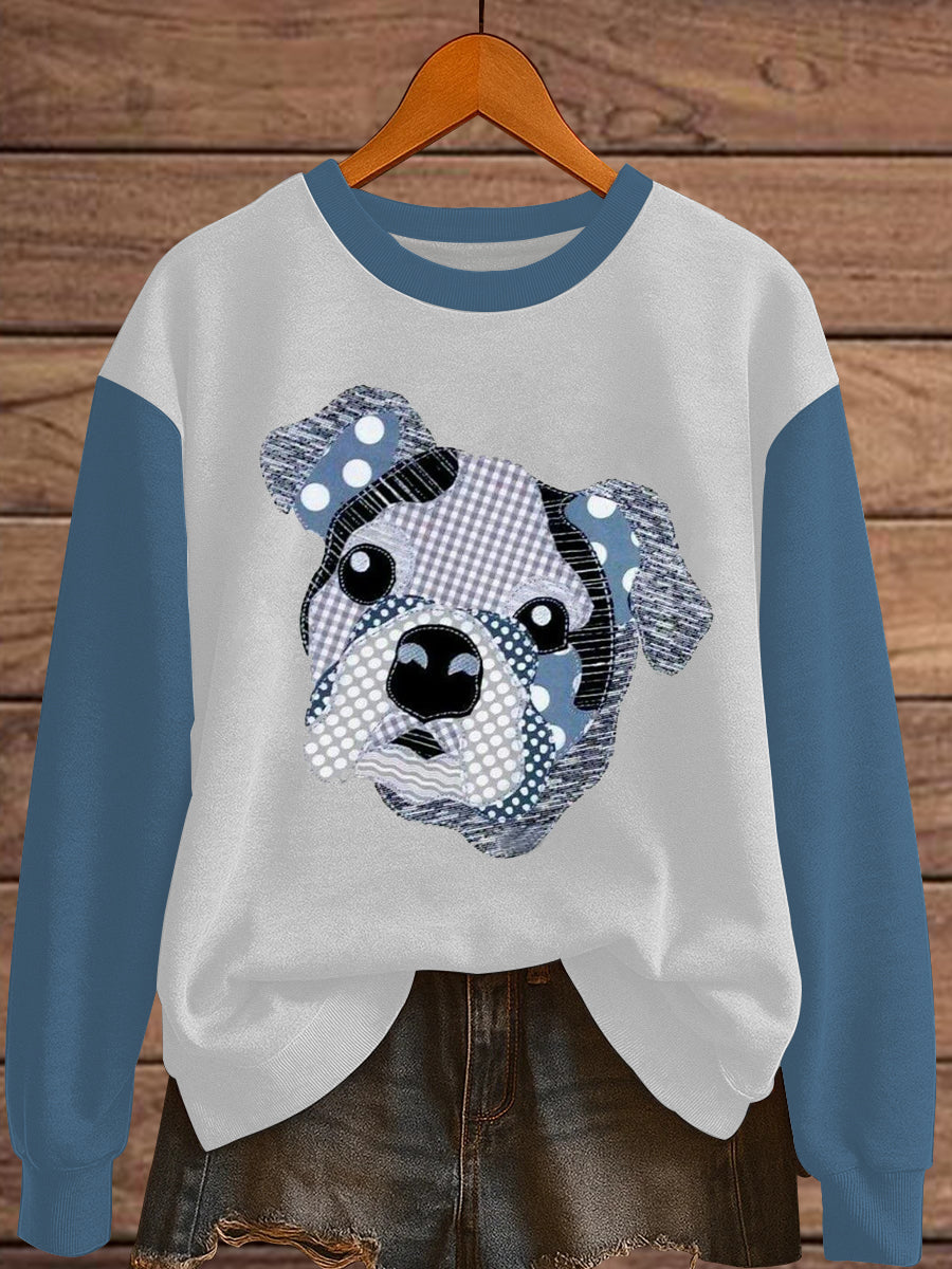 Women's Denim Patchwork Dog Print Sweatshirt vetvanguards