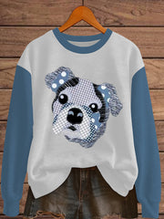 Women's Denim Patchwork Dog Print Sweatshirt vetvanguards