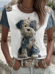 Women's Denim Dog Printed T-shirt vetvanguards