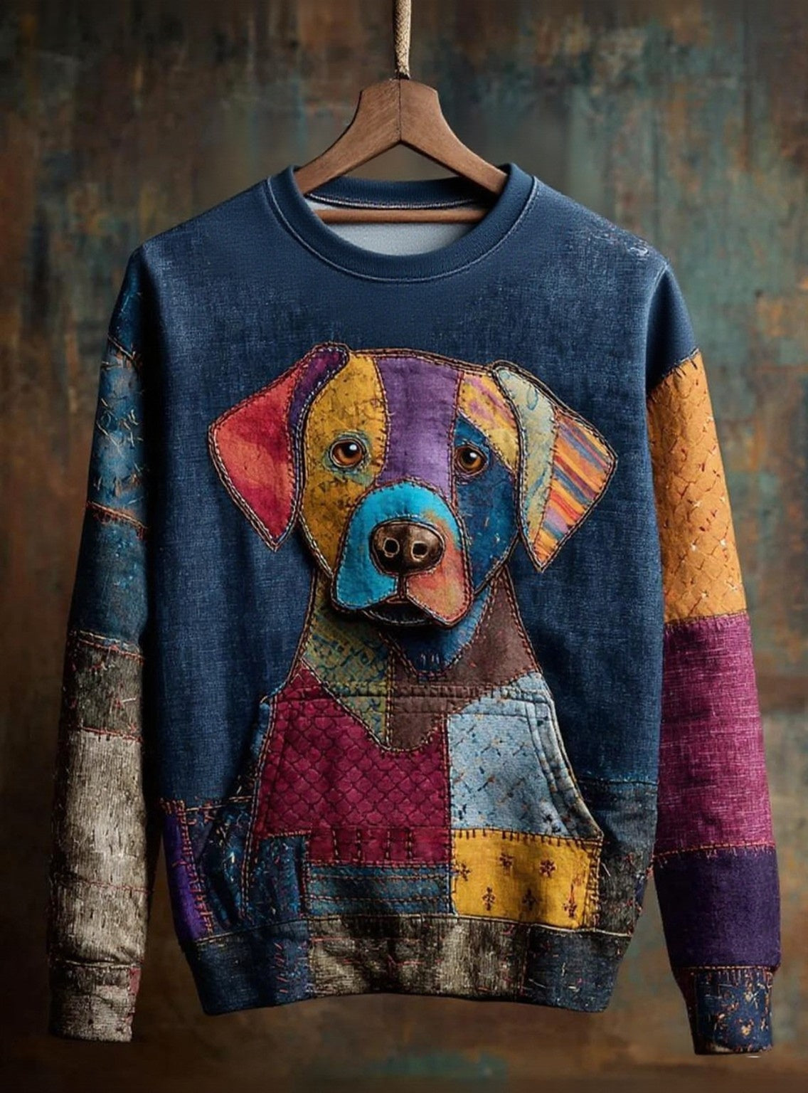 Women's Vintage Patchwork Dog Art Print Casual Sweatshirt vetvanguards