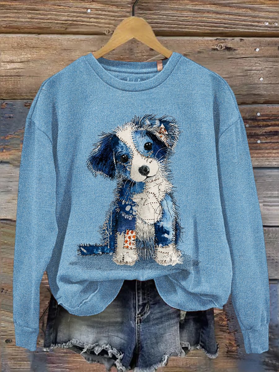 Women's Denim Dog Print Casual Sweatshirt vetvanguards