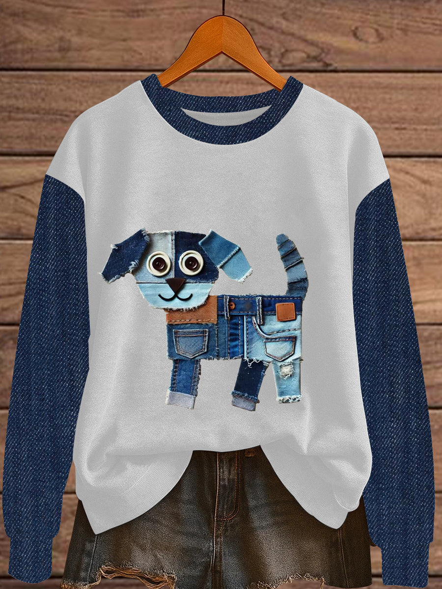 Women's Denim Patchwork Dog Print Sweatshirt vetvanguards