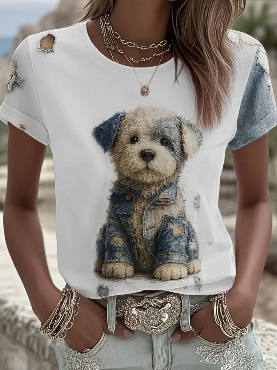 Women's Denim Dog Printed T-shirt vetvanguards