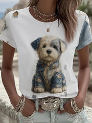 Women's Denim Dog Printed T-shirt vetvanguards