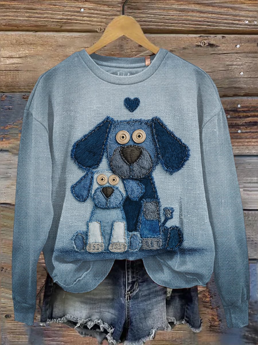 Women's Denim Dog Print Casual Sweatshirt vetvanguards