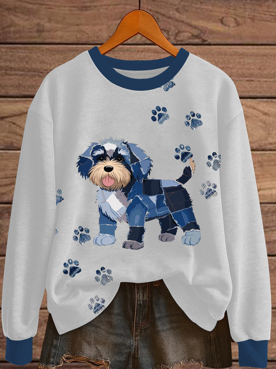 Women's Denim Patchwork Dog Print Sweatshirt vetvanguards