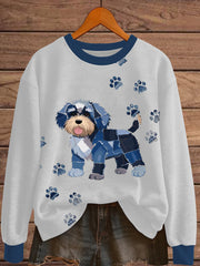 Women's Denim Patchwork Dog Print Sweatshirt vetvanguards