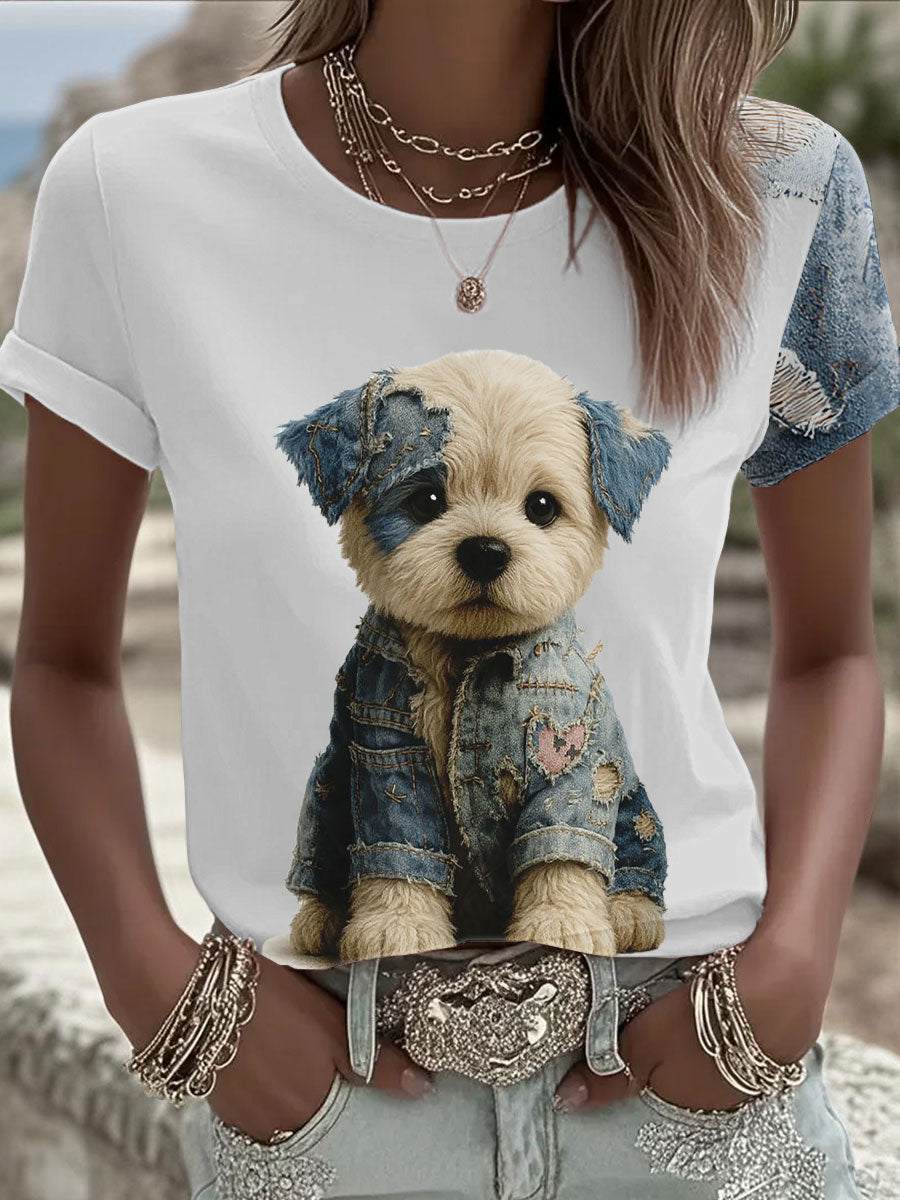Women's Denim Dog Printed T-shirt vetvanguards
