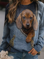 Women's Denim Dog Print Casual Sweatshirt vetvanguards