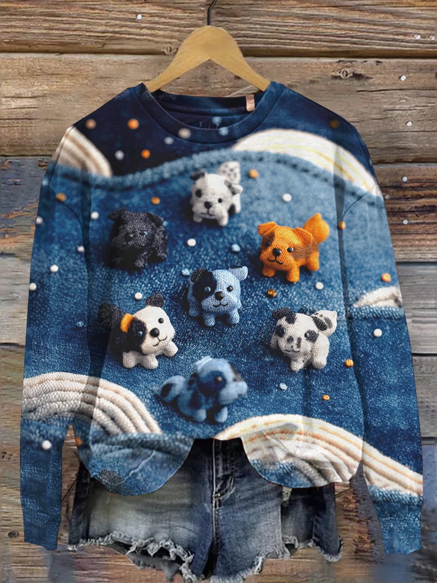 Women's Denim Dog Print Casual Sweatshirt vetvanguards
