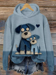 Women's Denim Dog Print Casual Hoodie vetvanguards