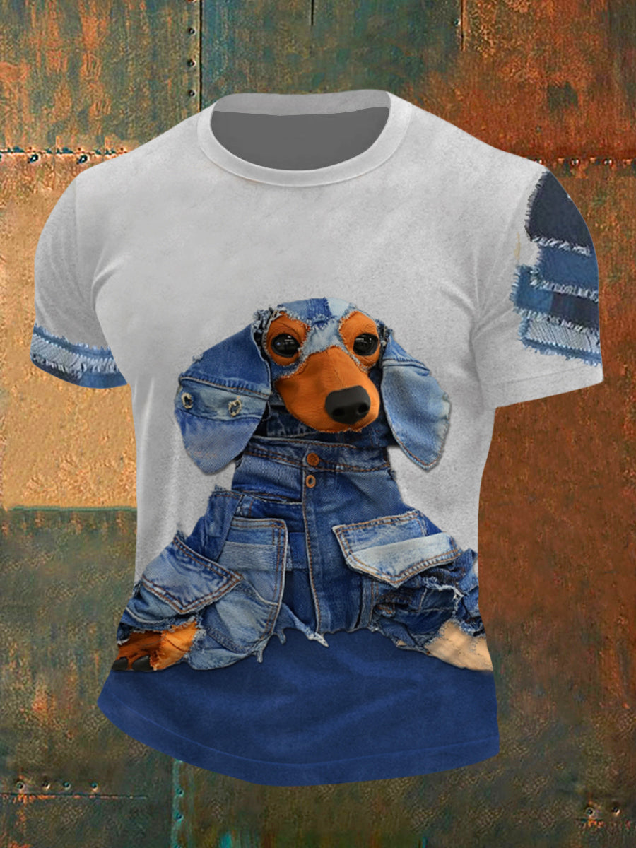 Men's Cowboy Spliced Dachshund Short Sleeves T-shirt vetvanguards