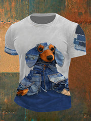 Men's Cowboy Spliced Dachshund Short Sleeves T-shirt vetvanguards