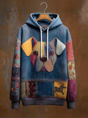 Vintage Patchwork Dog Print Art Casual Hoodie vetvanguards