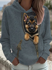 Women's Vintage Patchwork Dog Print Art Casual Hoodie vetvanguards