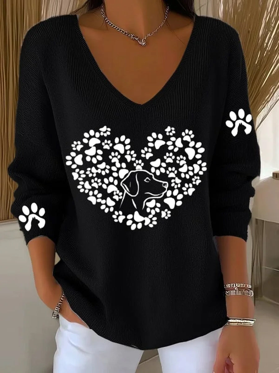 Women'S Dog Paw Heart Beat Print Casual V-Neck Ribbed Top vetvanguards