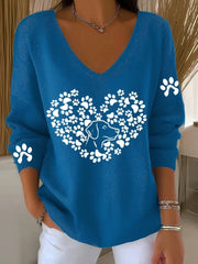 Women'S Dog Paw Heart Beat Print Casual V-Neck Ribbed Top vetvanguards