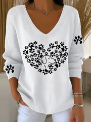 Women'S Dog Paw Heart Beat Print Casual V-Neck Ribbed Top vetvanguards