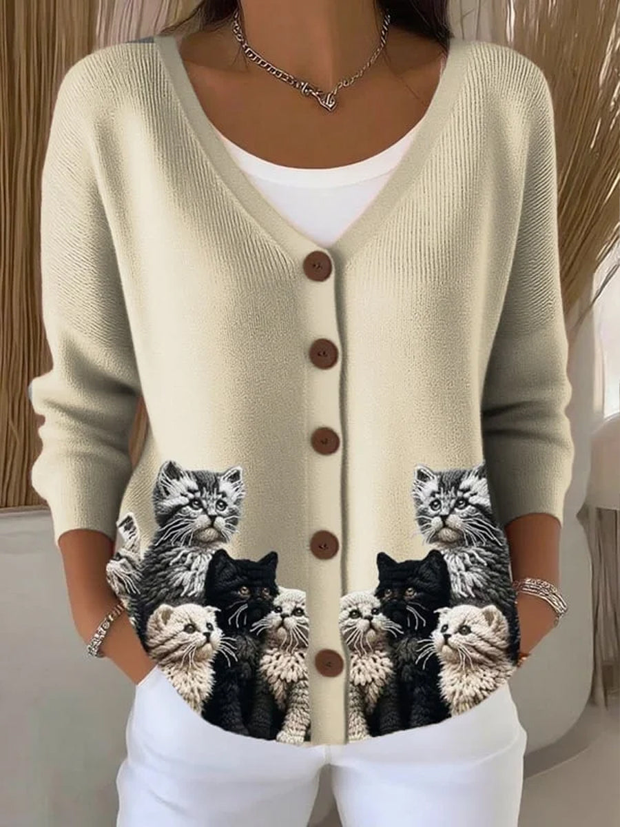 Women's Cute Cat Print Casual Cardigan vetvanguards