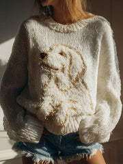 Women's Fuzzy Golden Retriever Dog Felt Cozy Knit Sweater vetvanguards