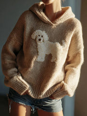 Women's Classic Fuzzy Poodle Dog Felt Cozy Knit Hooded Sweater vetvanguards