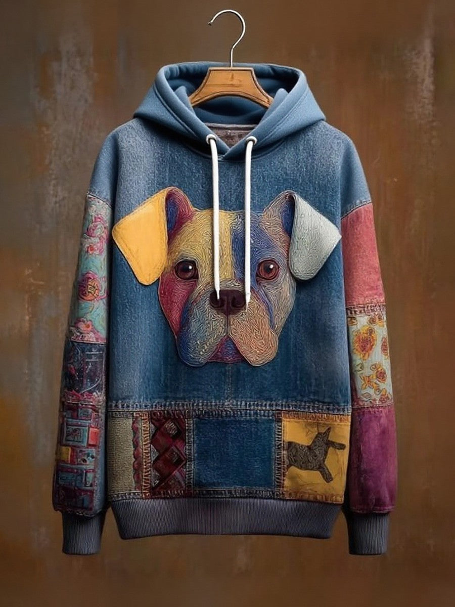Vintage Patchwork Dog Print Art Casual Hoodie vetvanguards
