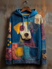 Vintage Patchwork Dog Print Art Casual Hoodie vetvanguards
