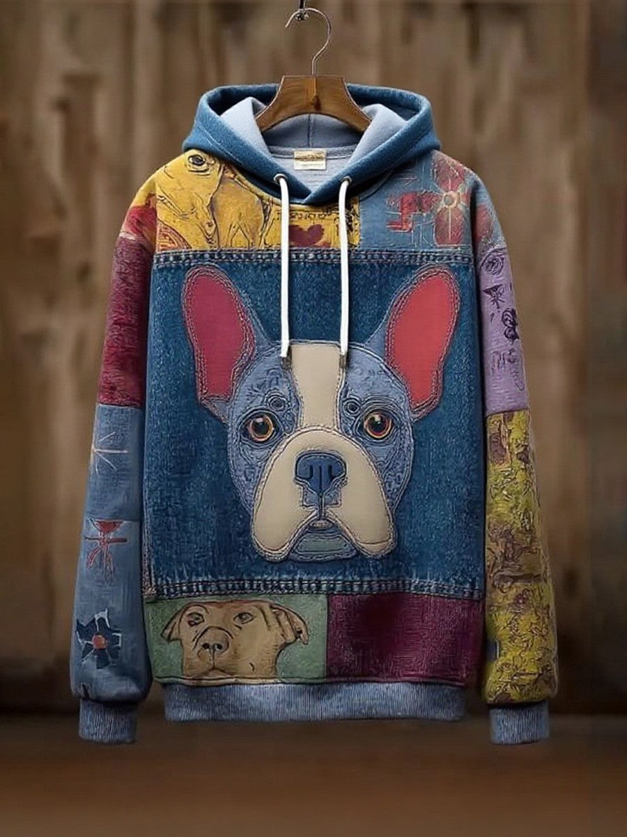 Vintage Patchwork Dog Print Art Casual Hoodie vetvanguards