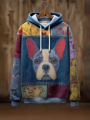 Vintage Patchwork Dog Print Art Casual Hoodie vetvanguards